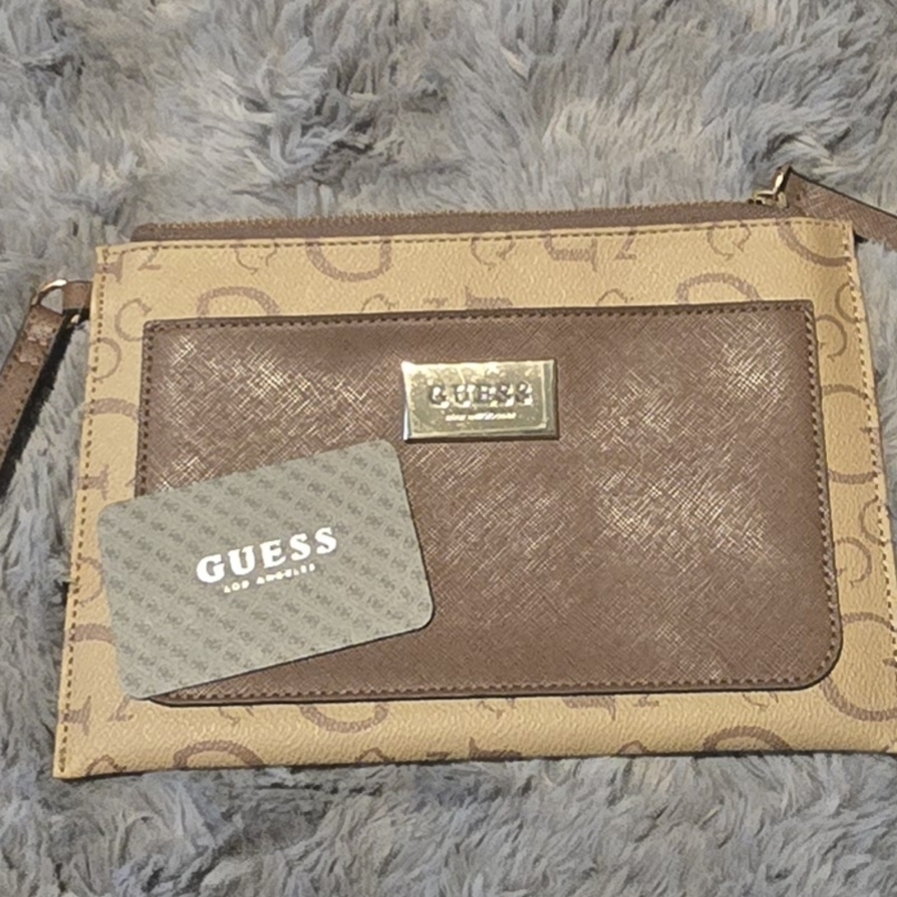 GUESS Tan and Brown Logo Wristlet Clutch with Gold Plate
